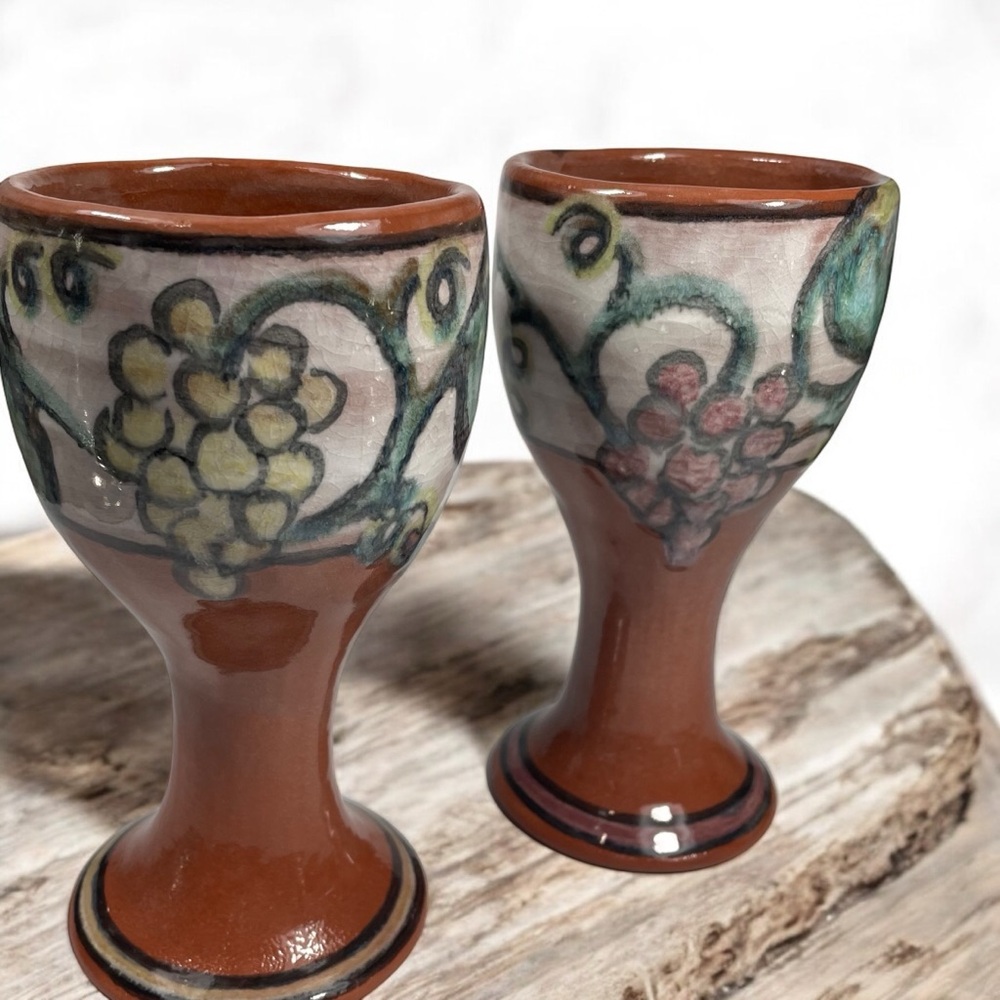 Studio Art Pottery Green and Brown Hand Thrown Goblets Chalice withVine …
